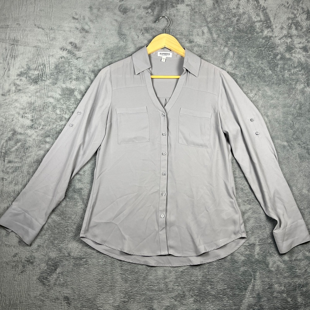 Express The Portofino Shirt Womens Small Gray Pleated Roll Tab Sleeve Button Up